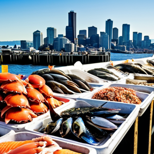 Home 4 A vibrant seafood market in Seattle, Washington. Overflows with fresh catches like salmon, crab, and oysters. The salty air is almost palpable, and bustling crowds of people are buying and selling. In the background, the Seattle skyline and Puget Sound are visible. Focus on the colors and textures of the seafood and the energy of the market.