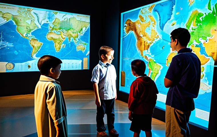 Interactive History Exhibit**

"A group of diverse children and adults interacting with a holographic display of a colonial-era map in a brightly lit museum, fully clothed, appropriate attire, safe for work, perfect anatomy, natural proportions, educational environment, family-friendly, professional photography, high quality, realistic."

**