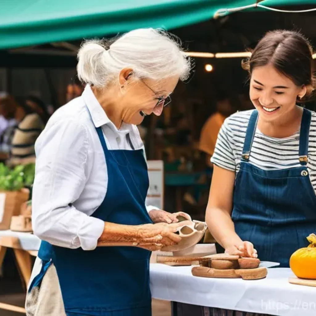 지역 정체성을 위한 커뮤니티 미팅 주최하기 - **Prompt:** A bustling outdoor local makers market filled with diverse community members of all ages...