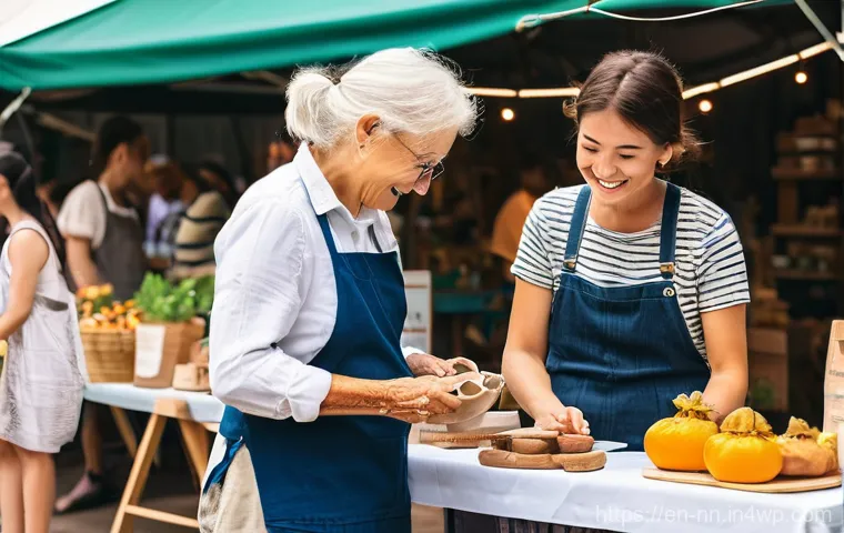 지역 정체성을 위한 커뮤니티 미팅 주최하기 - **Prompt:** A bustling outdoor local makers market filled with diverse community members of all ages...