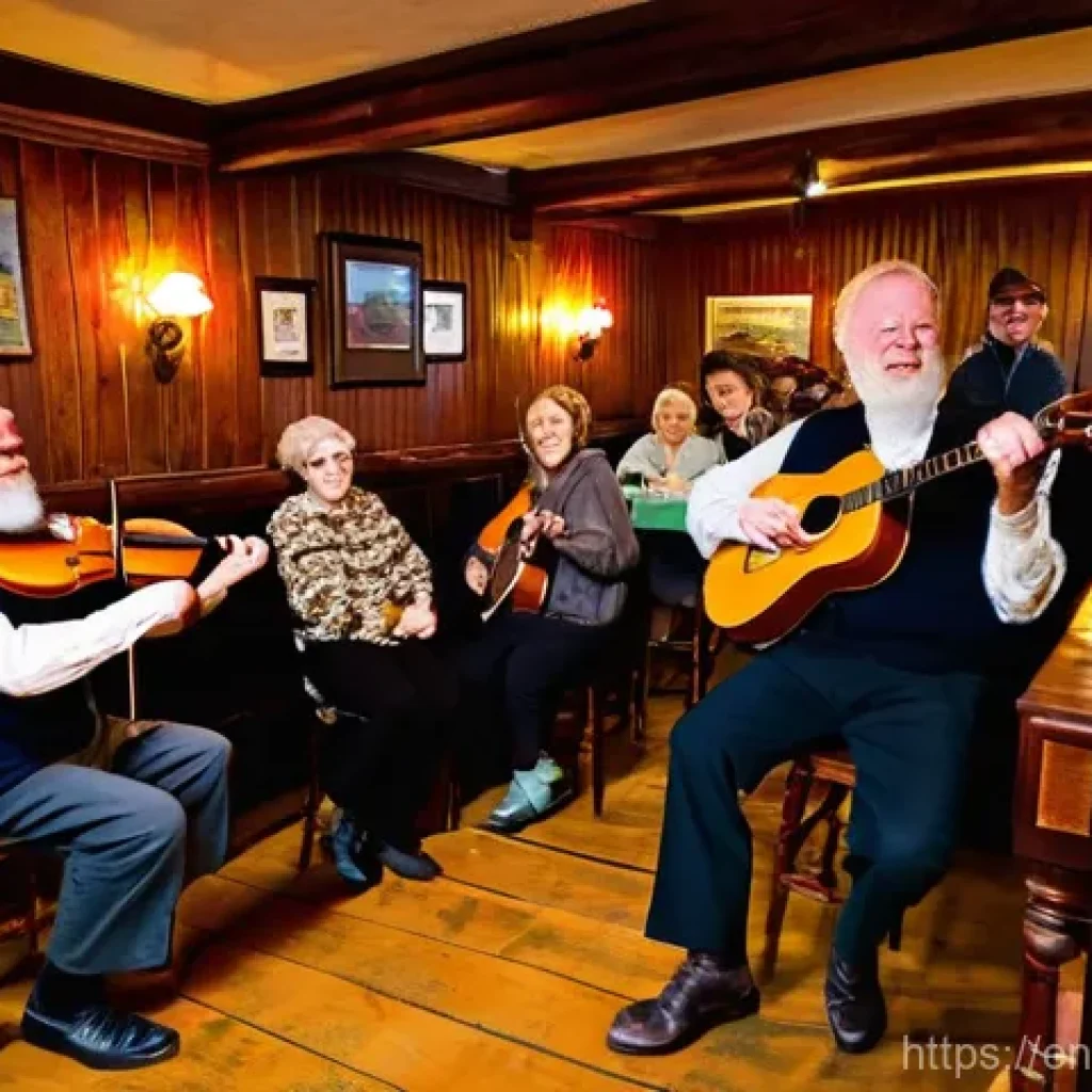 전통 음악과 지역 정체성의 연결 - **Prompt:** A vibrant, lively scene inside a cozy, dimly lit traditional Irish pub. The air is thick...
