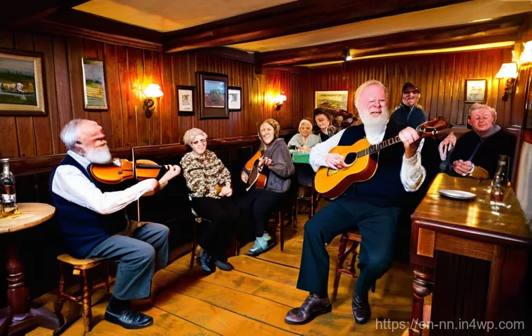 전통 음악과 지역 정체성의 연결 - **Prompt:** A vibrant, lively scene inside a cozy, dimly lit traditional Irish pub. The air is thick...