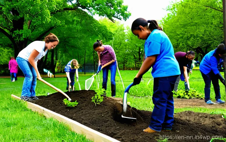 지역 정체성 강화를 위한 생태계 복원 프로젝트 - **Community Park Transformation: A Day of Collective Planting**
    A vibrant, sunlit outdoor scene ...