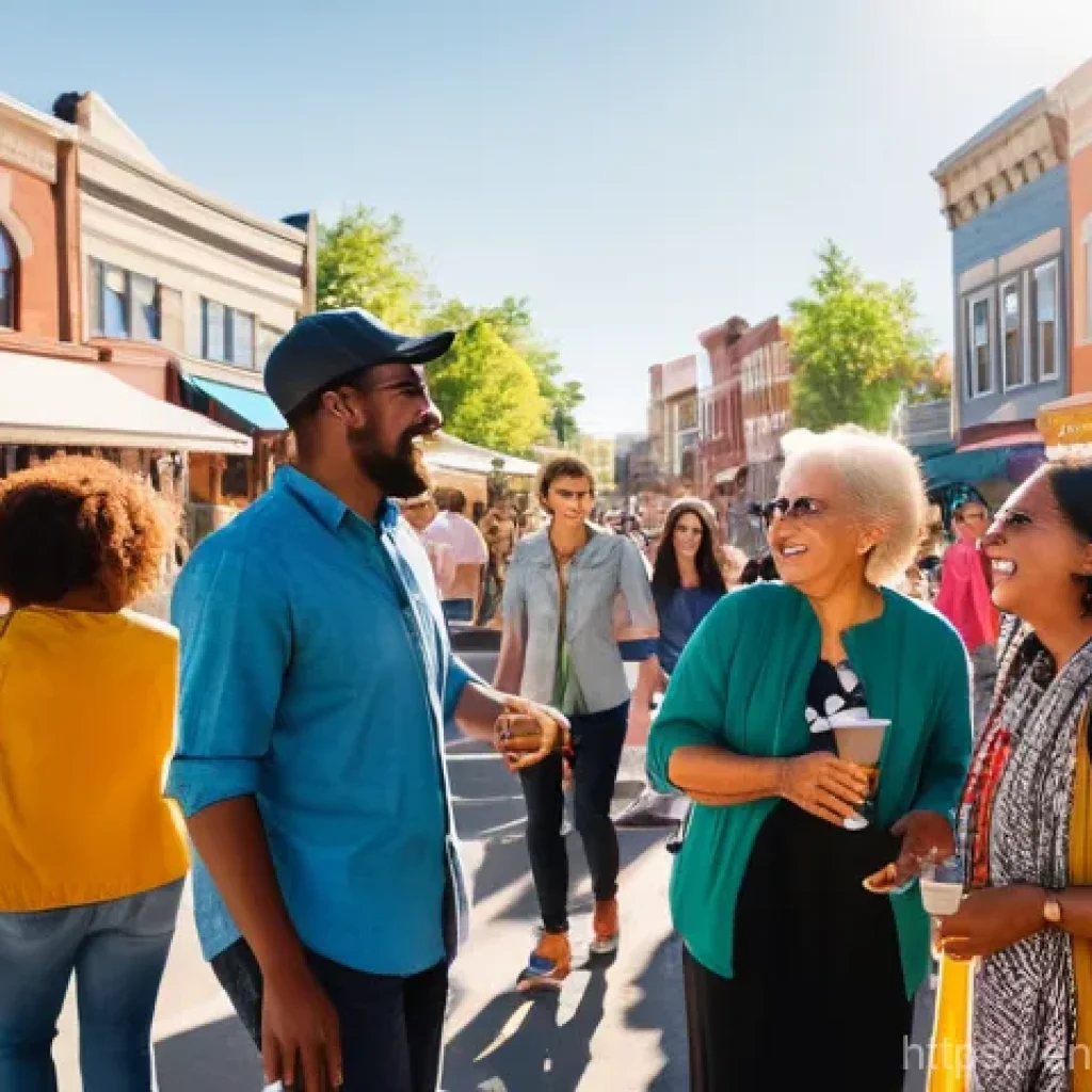 정체성 강화를 위한 지역 리더십의 역할 - **A vibrant community festival on a bustling Main Street.** Diverse people of all ages, dressed in c...