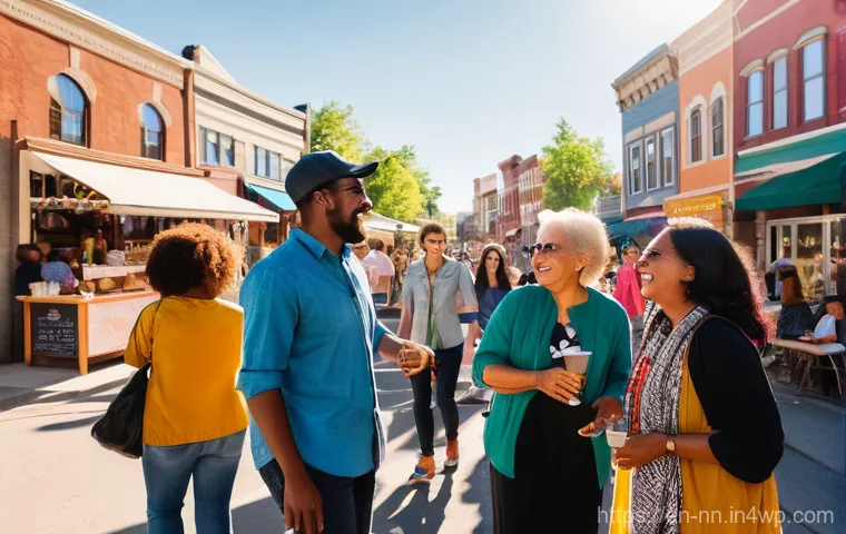 정체성 강화를 위한 지역 리더십의 역할 - **A vibrant community festival on a bustling Main Street.** Diverse people of all ages, dressed in c...