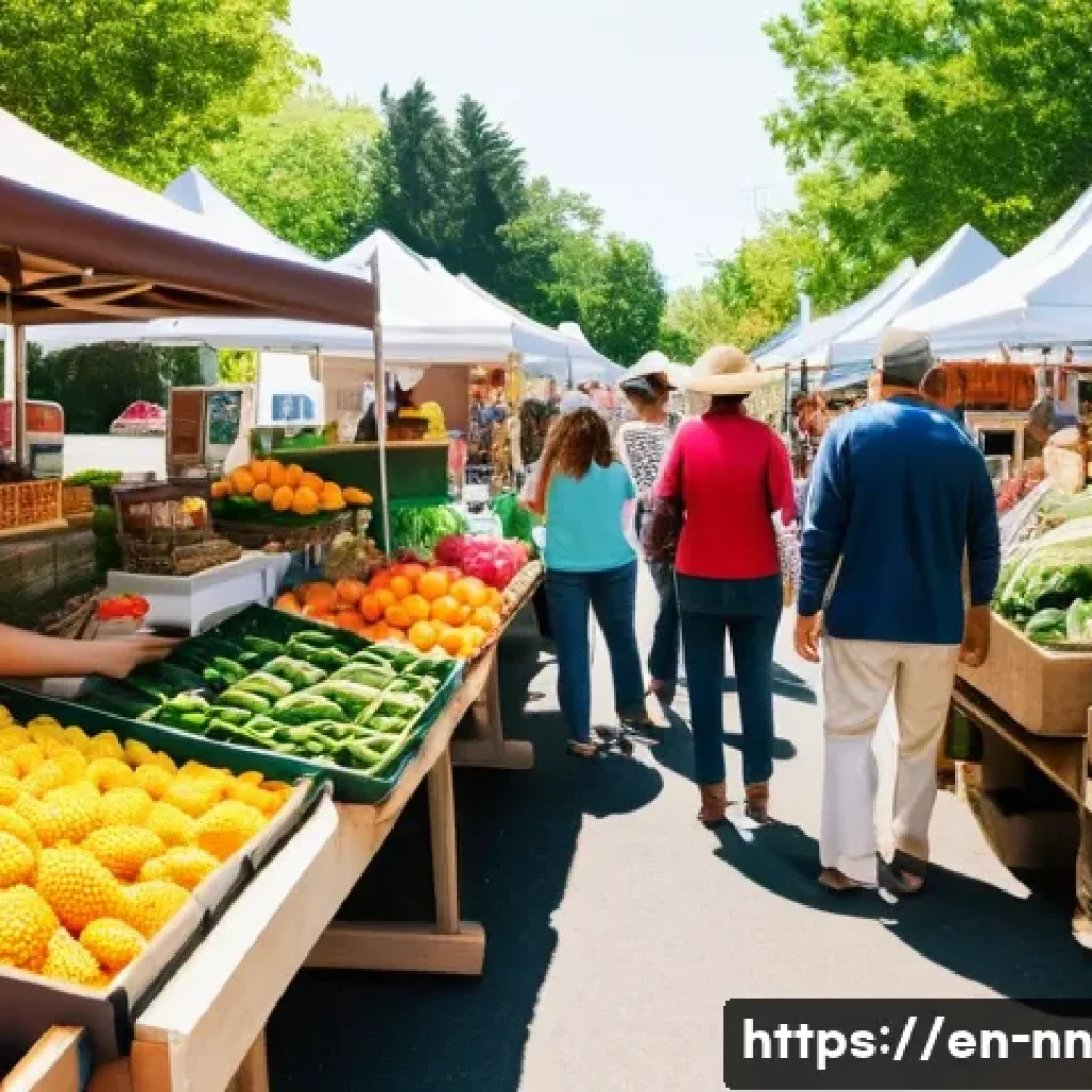 정체성 강화를 위한 지역 언론의 역할 - A vibrant community farmers' market scene in a mid-sized American town on a sunny weekend morning, d...