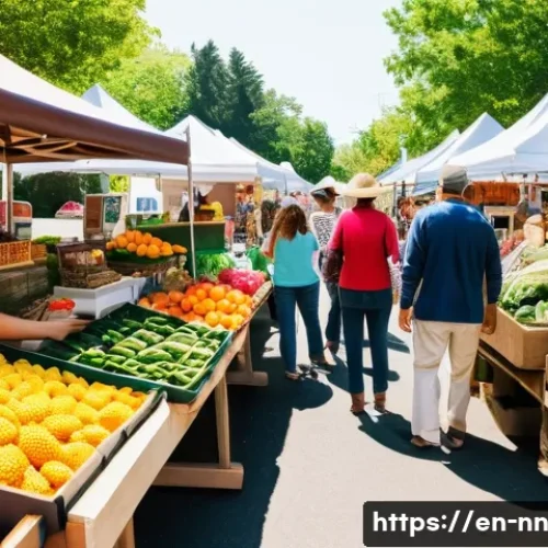 정체성 강화를 위한 지역 언론의 역할 - A vibrant community farmers' market scene in a mid-sized American town on a sunny weekend morning, d...