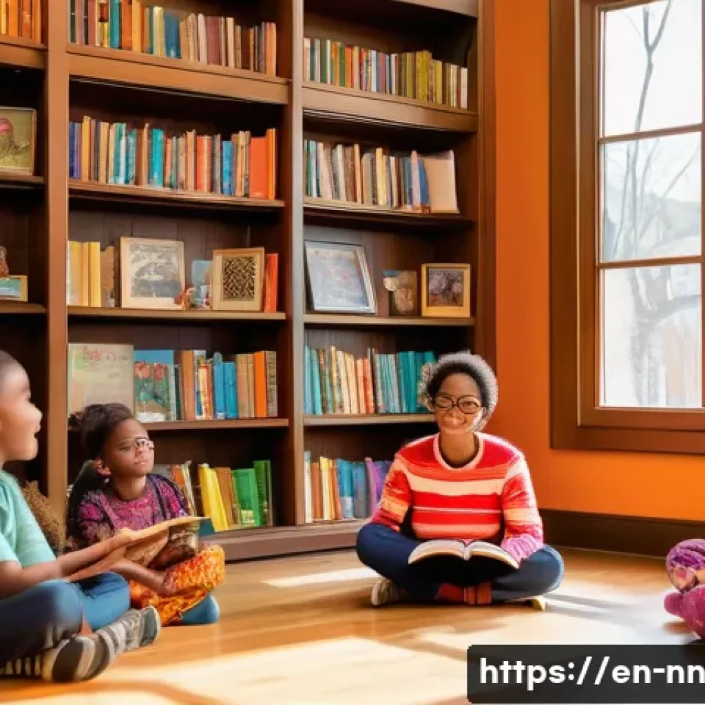 지역 정체성 강화를 위한 도서관 프로그램 - A vibrant community storytelling session in a cozy, sunlit public library room filled with diverse a...