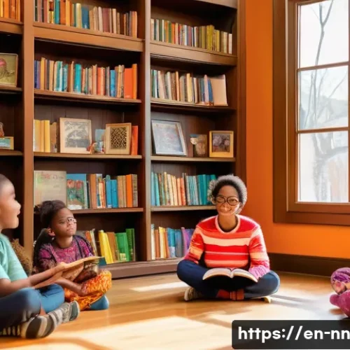 지역 정체성 강화를 위한 도서관 프로그램 - A vibrant community storytelling session in a cozy, sunlit public library room filled with diverse a...