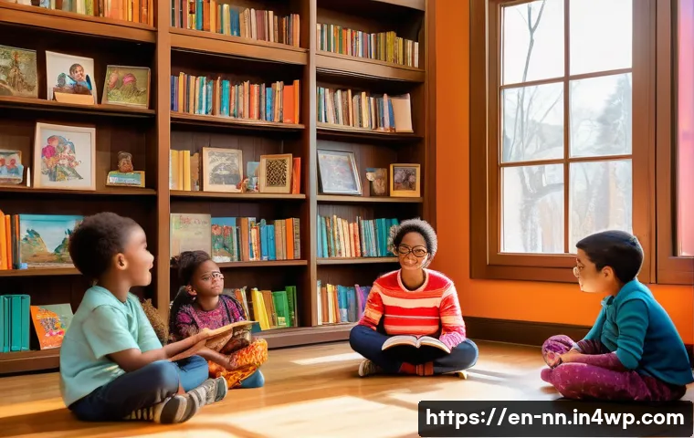 지역 정체성 강화를 위한 도서관 프로그램 - A vibrant community storytelling session in a cozy, sunlit public library room filled with diverse a...