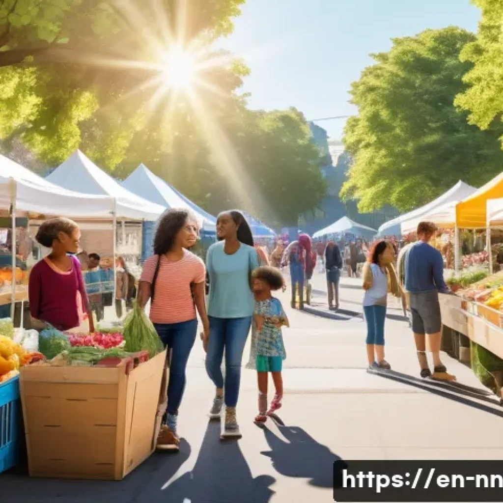 정체성 강화를 위한 지역 커뮤니티 활동 분석 - A vibrant neighborhood farmers market scene in a sunny urban park, diverse community members of vari...