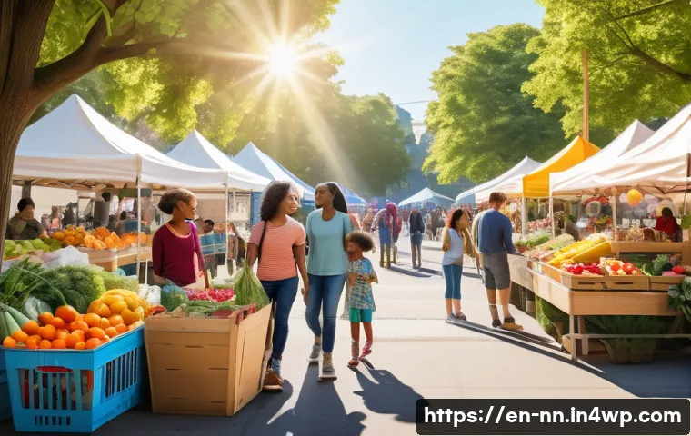 정체성 강화를 위한 지역 커뮤니티 활동 분석 - A vibrant neighborhood farmers market scene in a sunny urban park, diverse community members of vari...