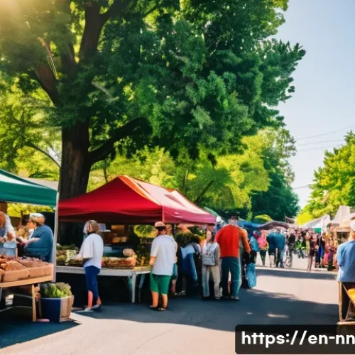 소셜미디어와 지역 정체성의 관계 - A vibrant Instagram-style scene showing a bustling local farmers’ market in a small American town du...