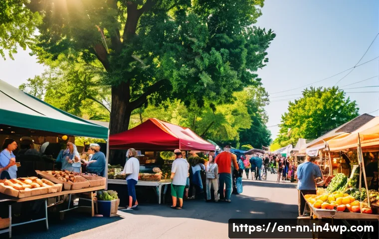 소셜미디어와 지역 정체성의 관계 - A vibrant Instagram-style scene showing a bustling local farmers’ market in a small American town du...