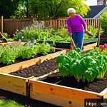 Home 23 지역 정체성 강화를 위한 커뮤니티 가드닝 - A vibrant community garden scene in an urban neighborhood during a sunny spring afternoon, featuring...