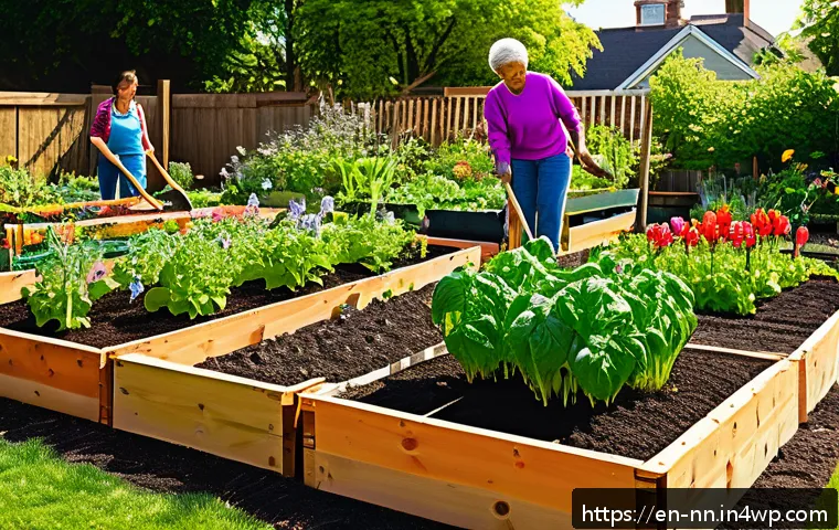 지역 정체성 강화를 위한 커뮤니티 가드닝 - A vibrant community garden scene in an urban neighborhood during a sunny spring afternoon, featuring...