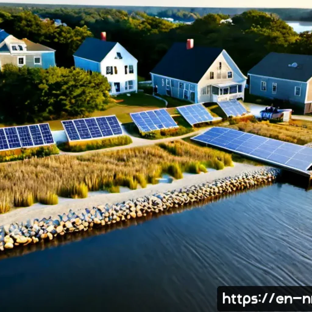 지속 가능한 발전과 지역 정체성 - Photorealistic aerial golden-hour view of a revitalized New England coastal town, restored brick wat...