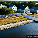 Home 23 지속 가능한 발전과 지역 정체성 - Photorealistic aerial golden-hour view of a revitalized New England coastal town, restored brick wat...