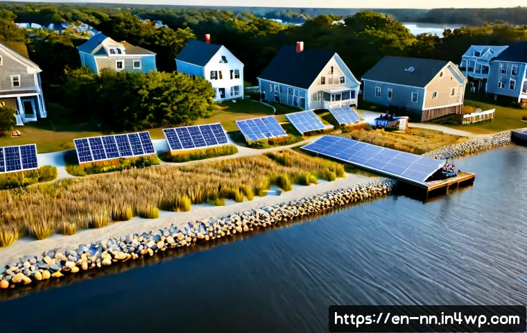 지속 가능한 발전과 지역 정체성 - Photorealistic aerial golden-hour view of a revitalized New England coastal town, restored brick wat...