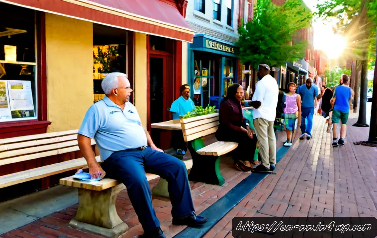 Home 17 지역 정체성 연구 성공 사례 분석 - Photorealistic community identity research scene in a revitalized small American Main Street distric...